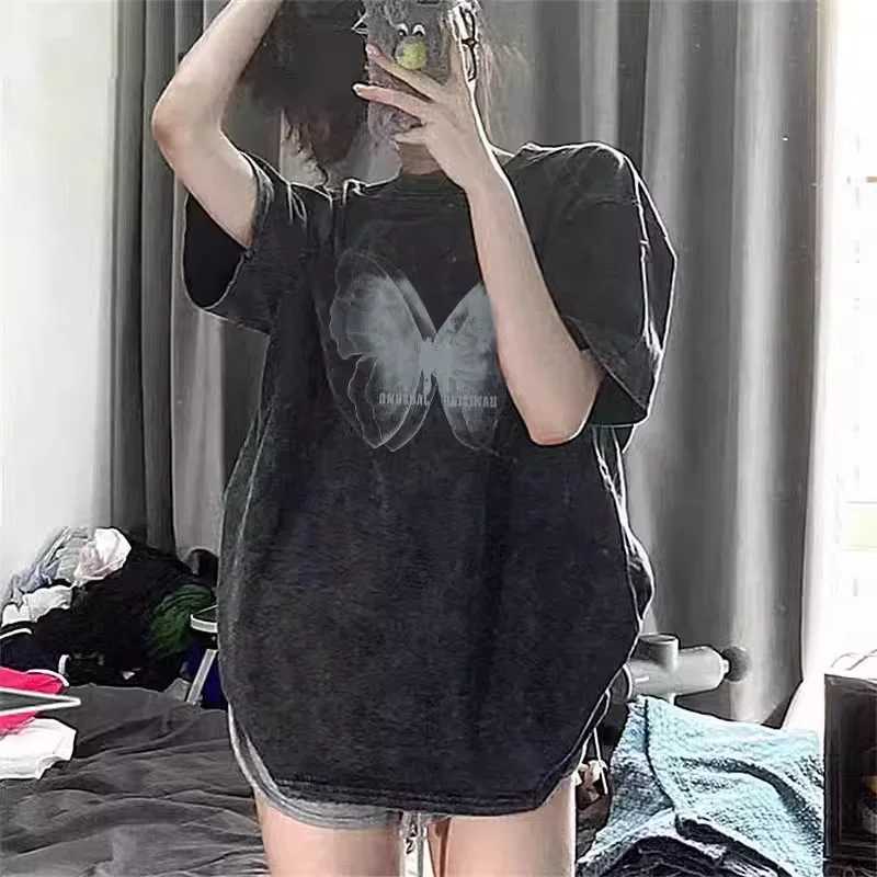 Aesthetic art butterfly print womens plus size T-shirt street fashion trend cool design top 2024 new Y2k handsome womens T-shirtT250320