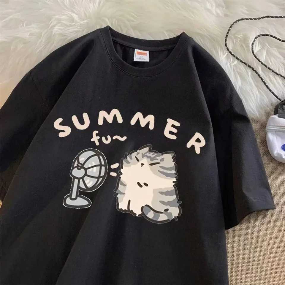 Fan Cat and Women Pure T-shirt for Men American Street Creative Blow Summer Relaxed Short Sleeve Couple Wear INS TopT250320