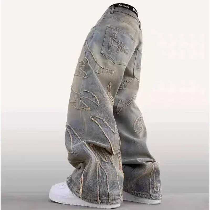 Street Gothic Retro High Waist Wide Leg Trousers 2025 Y2k Hip Hop Luggage Jeans Mens Street Fashion Primitive Edge Embroidered JeansT250319