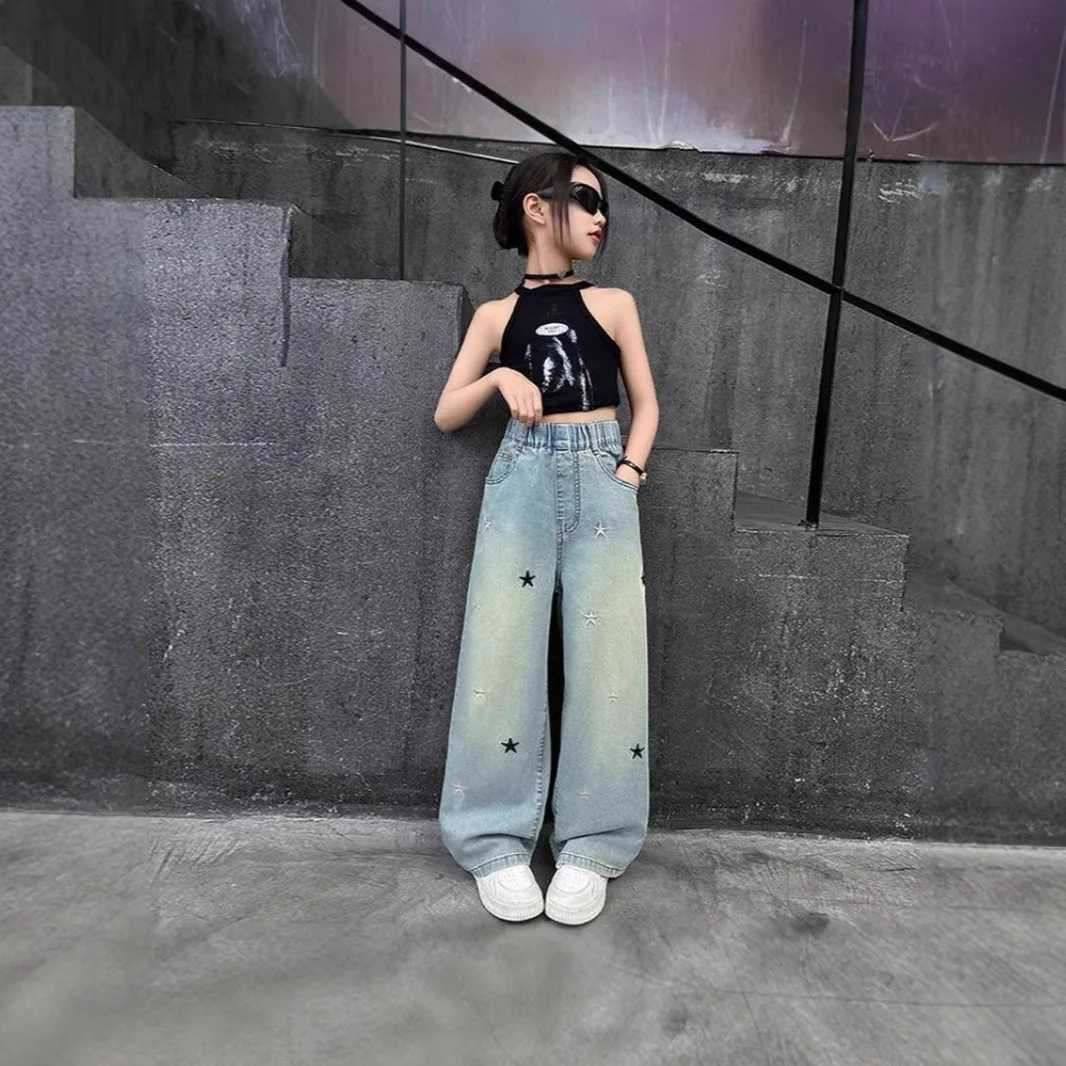 Spring Autumn Girls Pants 4-12 Years Children Casual Loose Jeans Star Knotbow Embroidery Little Girls Denim Wide-leg PantsT250326