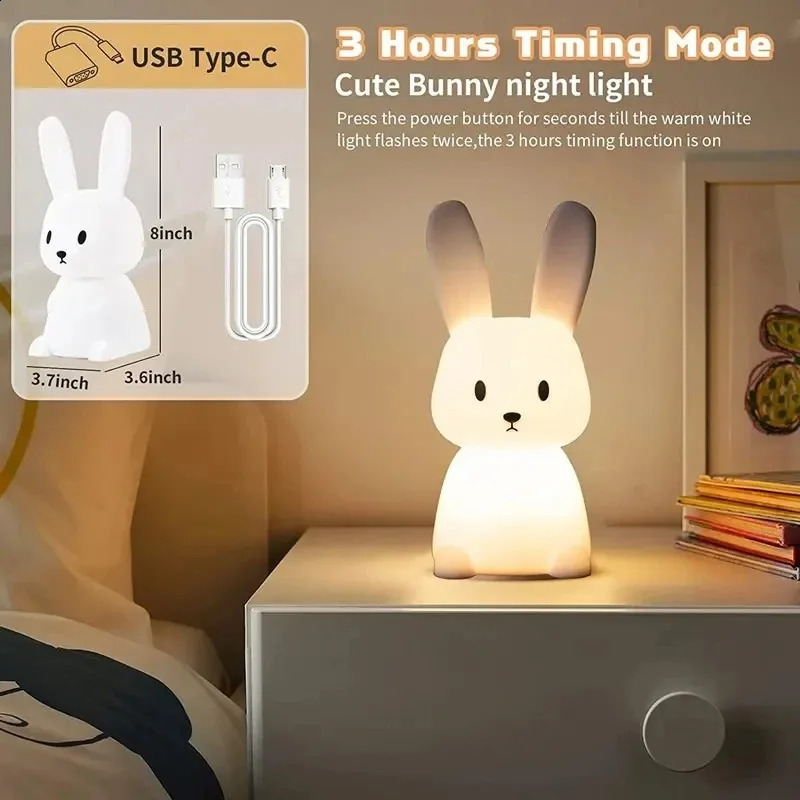 LED Night light Silicone Rabbit Touch Sensor lamp Cute Animal Light Bedroom Decor Gift for Kid Baby Child Table Lamp Home Decor 250319