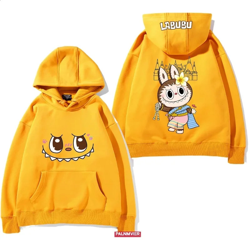 Neutral long sleeved hooded sweatshirt with loose fit and Labubu cartoon print for casual autumn winter cute fashionable comfortable daily wear 250319