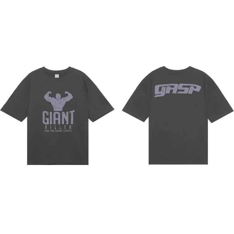 Big Shark Mens Fitness Wide and Heavy Cotton Round Neck Casual Sports Short Sleeve T-shirt Cotton Fitness Short Sleeve TopT250319