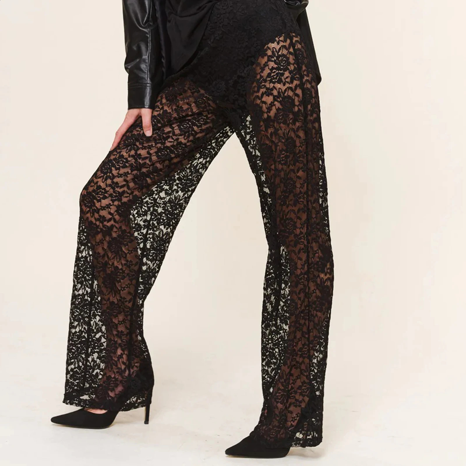 Sexy Womens Transparent Lace Pants Gothic High Waist Wide Leg Sparkling Pants Womens Bell Bottom Trousers Club Streetwear 250314