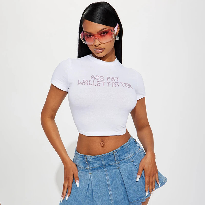 CUTENOVA Goth Rhinestone Letters Print T-Shirts Fashion Casual O Neck Short Sleeve Crop Tops Y2K Summer Sexy Girl Baby Tee Women 250320