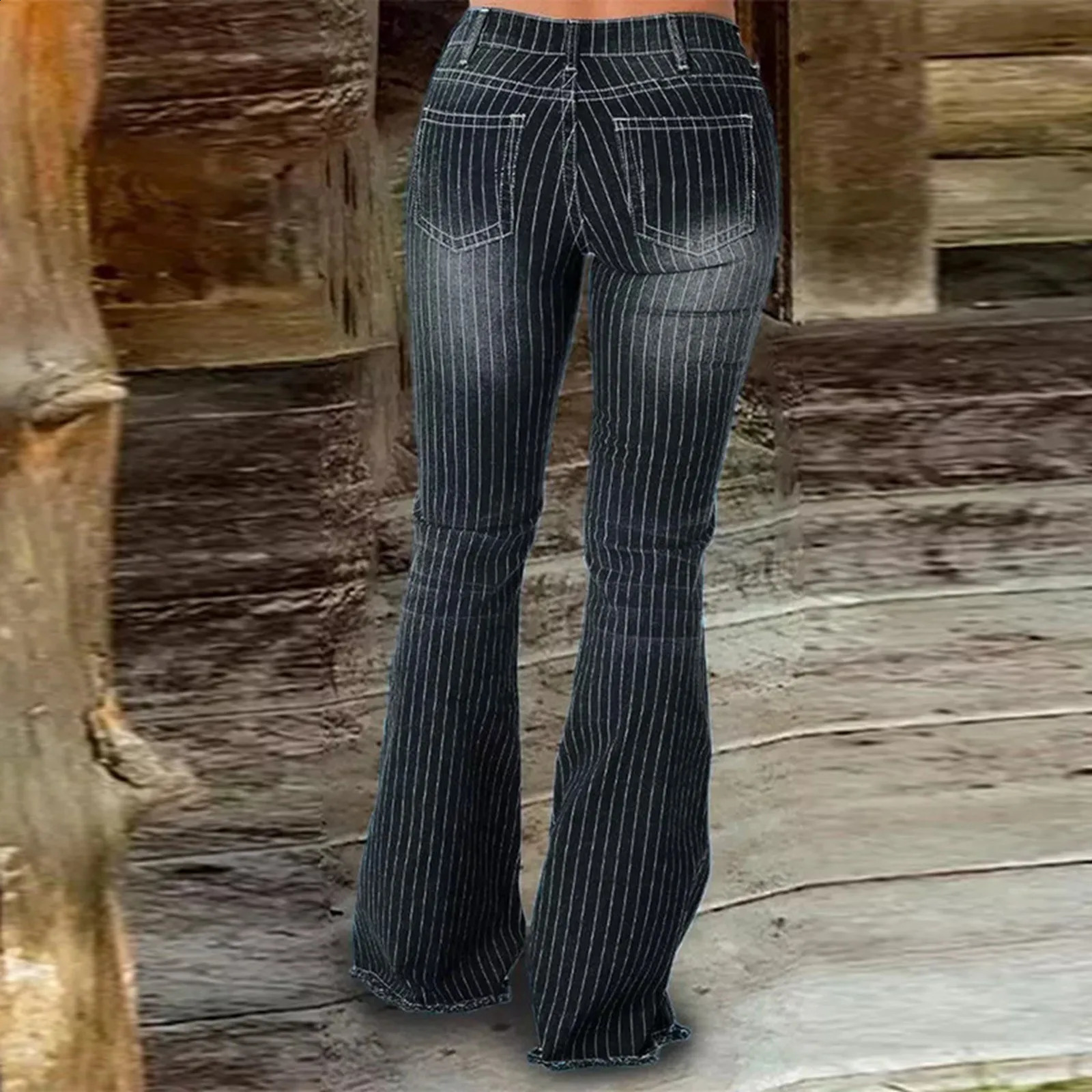Striped Thin Edge Flared Jeans Women Fashionable Casual Mid Rise Buttoned Street Vintage Jeans Wrap Hips Bell Bottom Jeans 250319