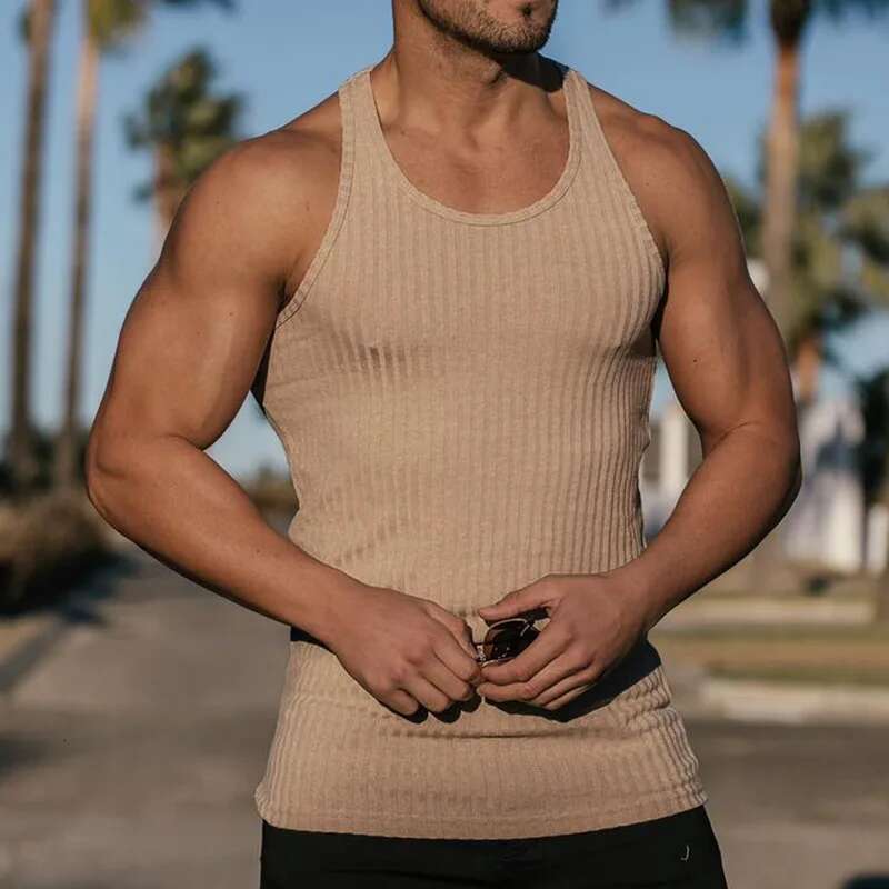 Large Men's Sleeveless Summer Knitted Vertical Stripe Fitness Sports Leisure Slimming Men's Tank Top Men's L-Line Tank Top Men's