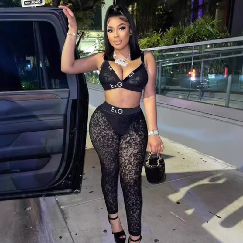 2025 Sexy Tracksuits For Womens Two Piece Set Mesh Printed Letter Strap With Exposed Umbilical Wrapping Plush Nightclub Style Pants Sets