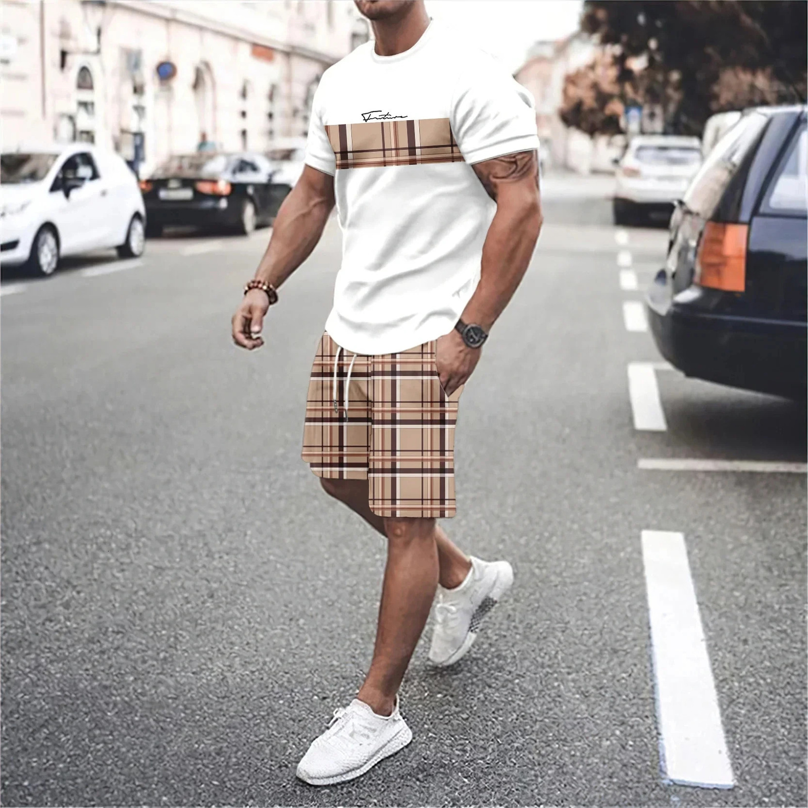 Summer Mens Tshirt Set Fashion Digital Printing Leisure Sports Breathable Shorts Beach 250317
