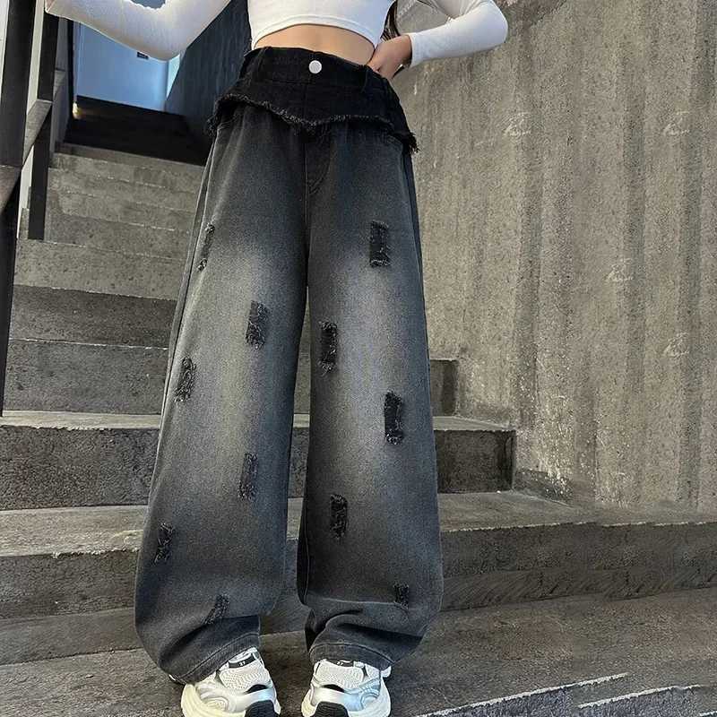 Girls fashionable brushed jeans retro tear stitched wide leg pants fashionable casual childrens straight pants for 5-14 years oldT250326