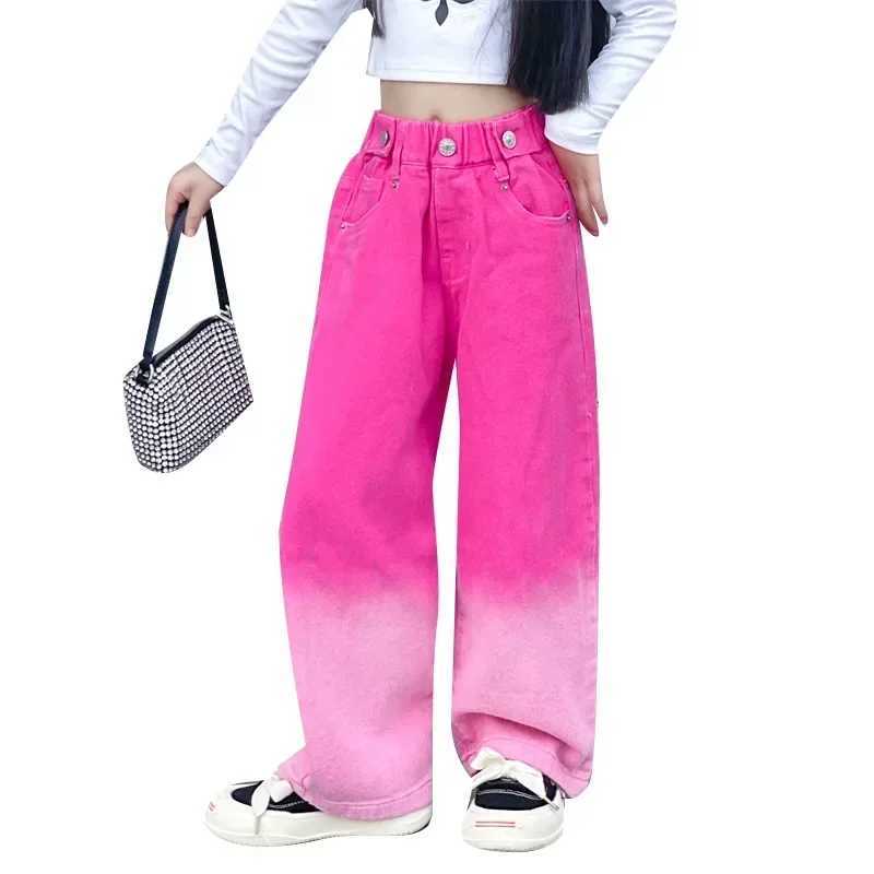 Girls jeans spring and autumn candy colors fashionable gradient wide leg pants childrens clothingT250326