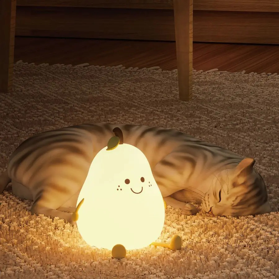 USB Rechargeable Night Light Pear Silicone Night Lights Touch Sensor Bedroom Bedside Cat Lamp With Remote For Kids Baby Gifts 250319