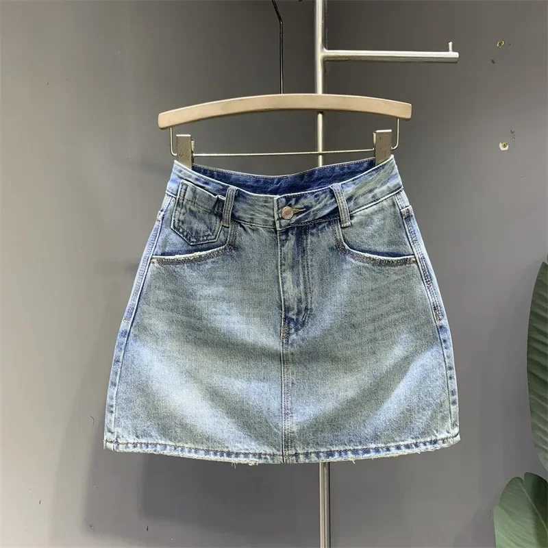 Fashion pocket light blue washed A-Line denim mini dress 2024 summer new Korean version Ele Simple Bodycon SkirtXJ250320