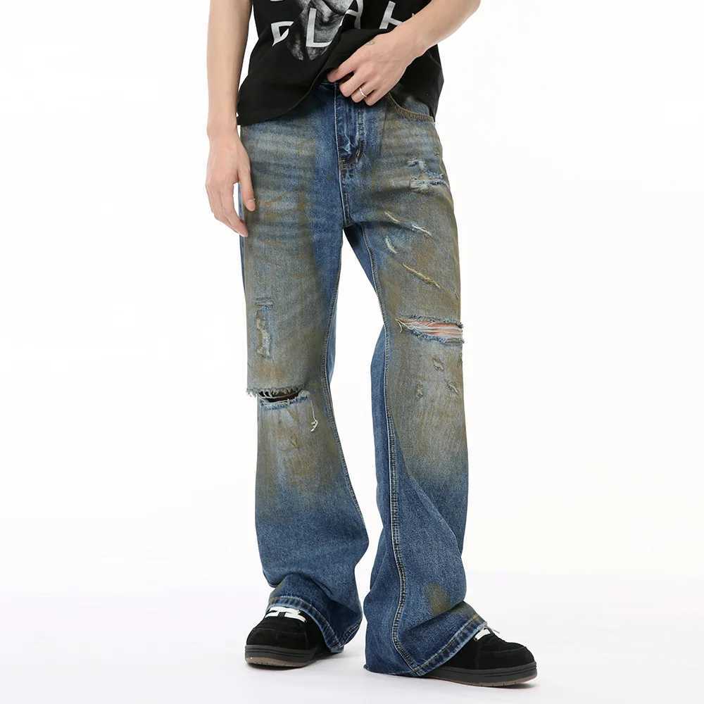 Retro Broken Harsh Wide Leg Denim Jeans Wear Hip Hop Spray Paint Printed Burst Jeans Mens Slim Trend 2025T250319