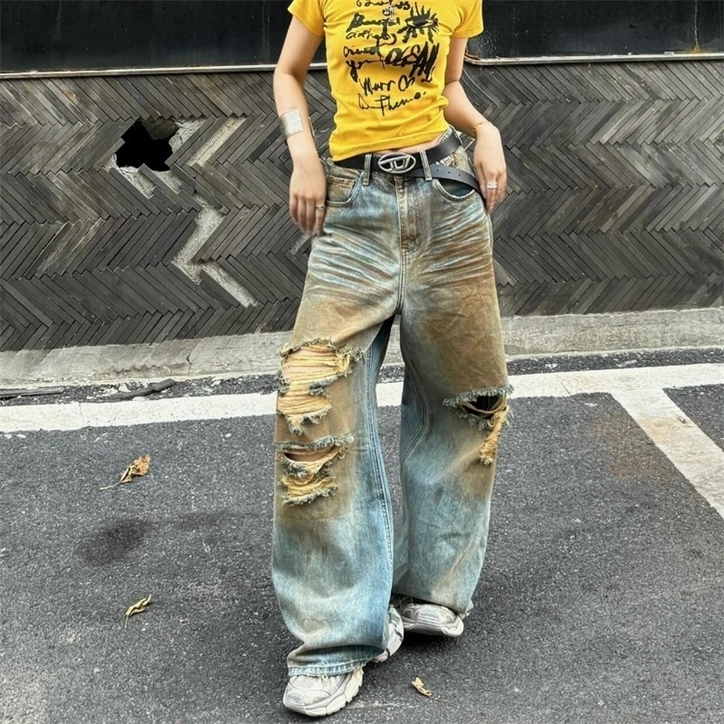 Fashion vintage old yellow mud dirty dyed ripped jeans for women summer casual versatile style wide-leg pants 250319