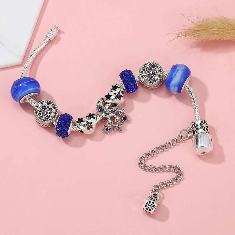 Silver Plated Blue Shinning Star Moon Charm Beads Bracelet With 16cm-21cm Snake Chain Bracelet Bangle DIY Jewelry Gift For Women