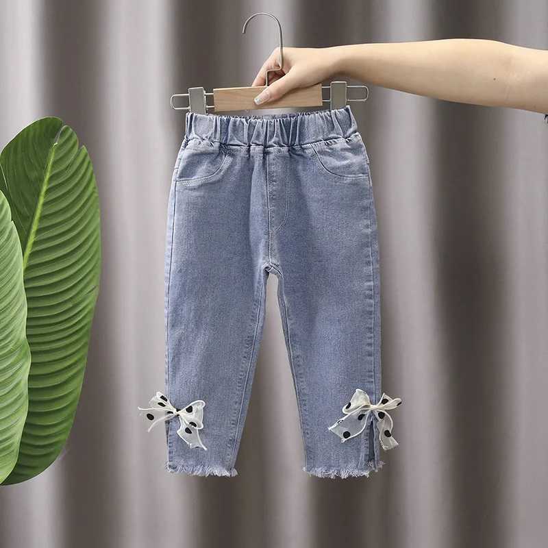 Spring Autumn Children Girls Denim Pants Elastic Waist Mesh Bowknot Harem Baby Girls Pants Exterior Stylish Kid Girls TrousersT2502320