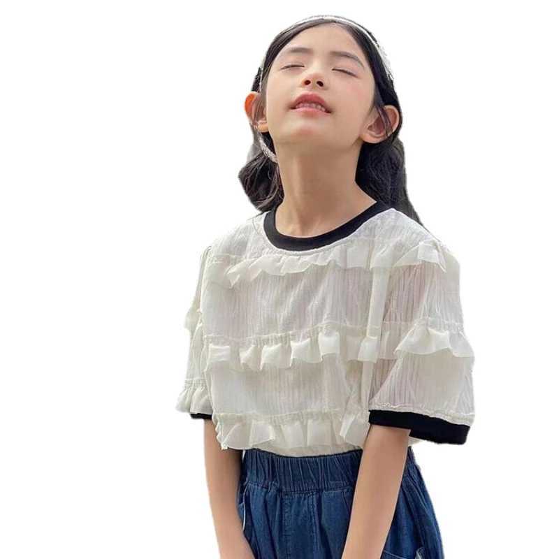 Summer Teen White Girl Trend Niche Short Sleeve Top Korean Big Kids Ear Edge Doll Short Sleeve T-shirt Chiffon ShirtT250320