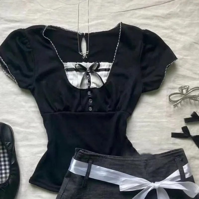 Y2k Aesthetic Subcultural Constrast Color Spliced U Neck Punk Shirts American Harajuku Top Pleated Skirts Two Piece Sets 250319