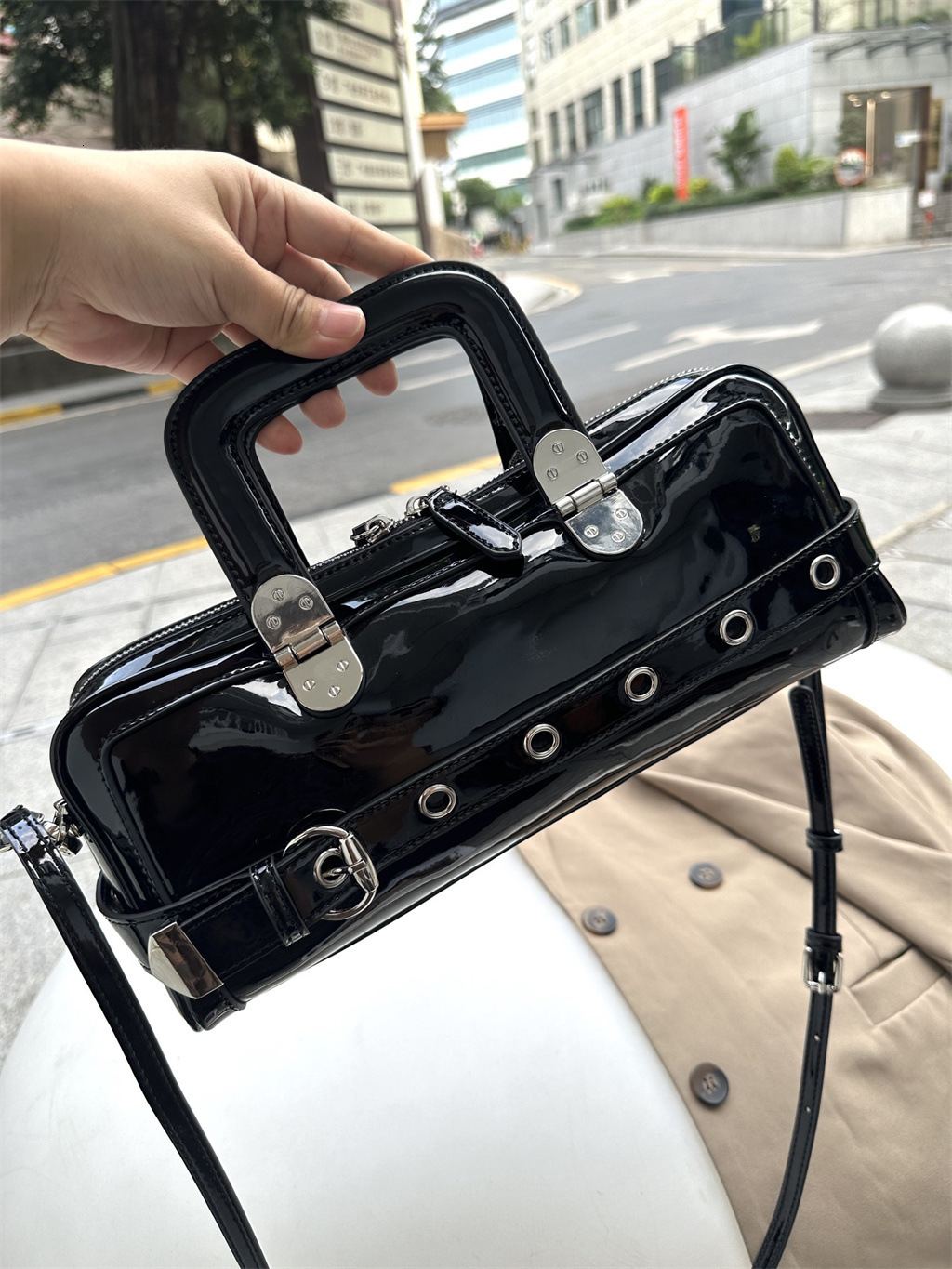 Ins Patent Leather Handbag, Fashionable Belt Buckle Crossbody Bag, Same Style Spicy Girl Trendy Cool Women's Bag