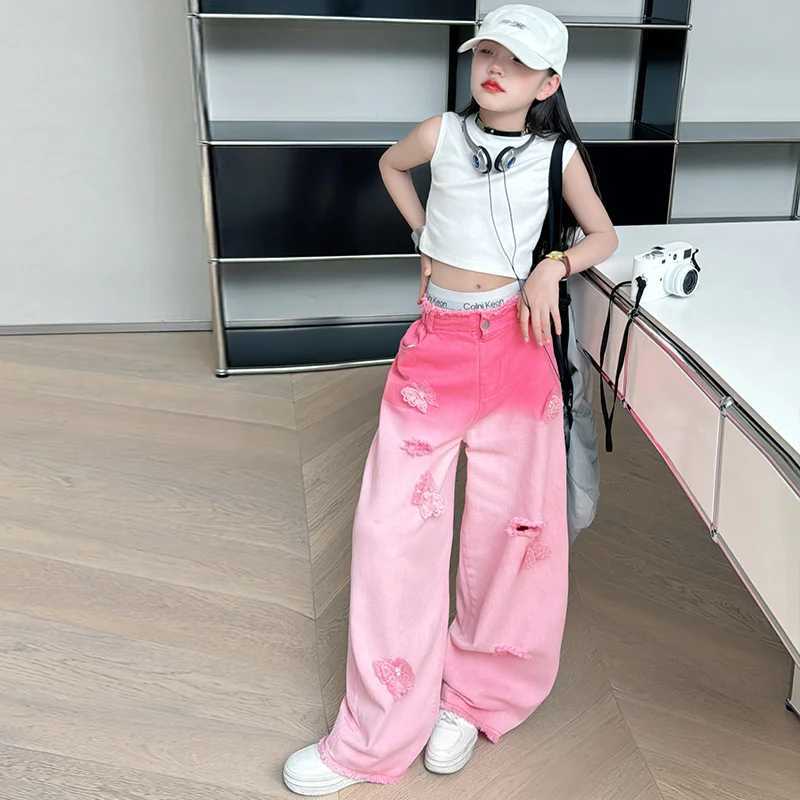 Youth Fashion Jeans Summer Girls Breakthrough 3D Butterfly Hanging Dyed Pants Personalized Loose Wide Leg Pants Fashion Trend 8TT250326