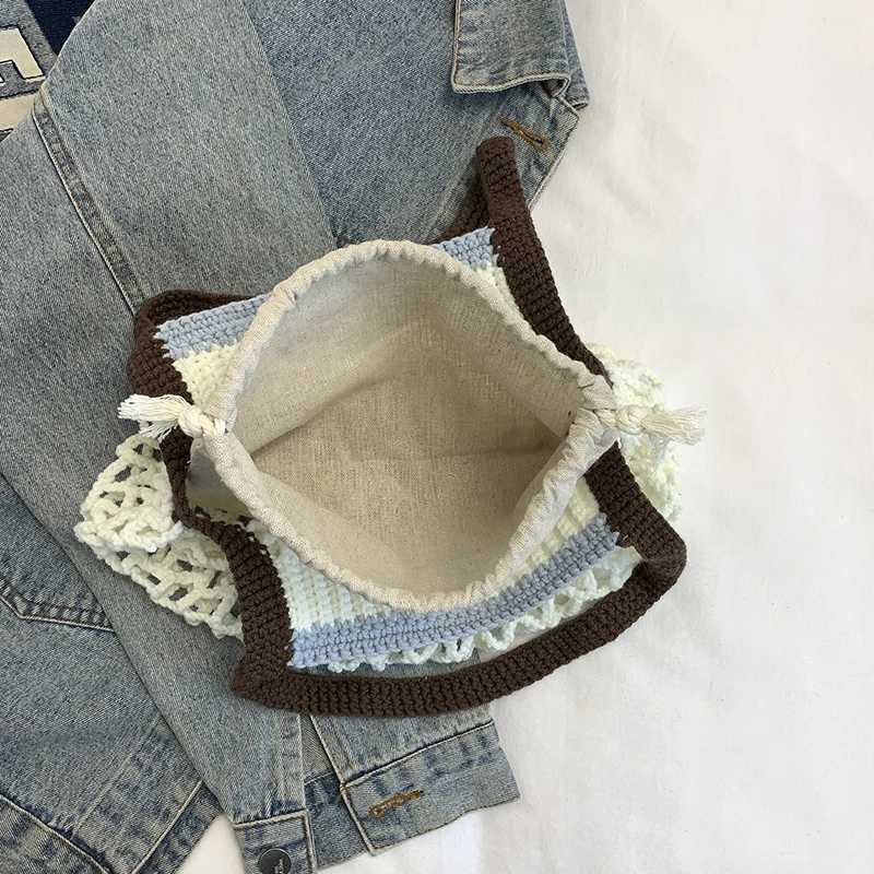 Large capacity womens knitted bag hollow outer bucket shoulder bag 2 sets of mesh travel shopping handbag womens fashion handbag Y250319