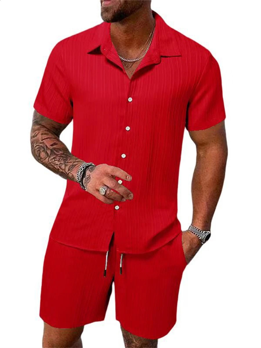 Vintage Men Shirts Sets Summer Solid color Print Beach Short Sleeve Shirt Shorts Casual Mens Hawaiian 2 Piece Oversized Suit 250319