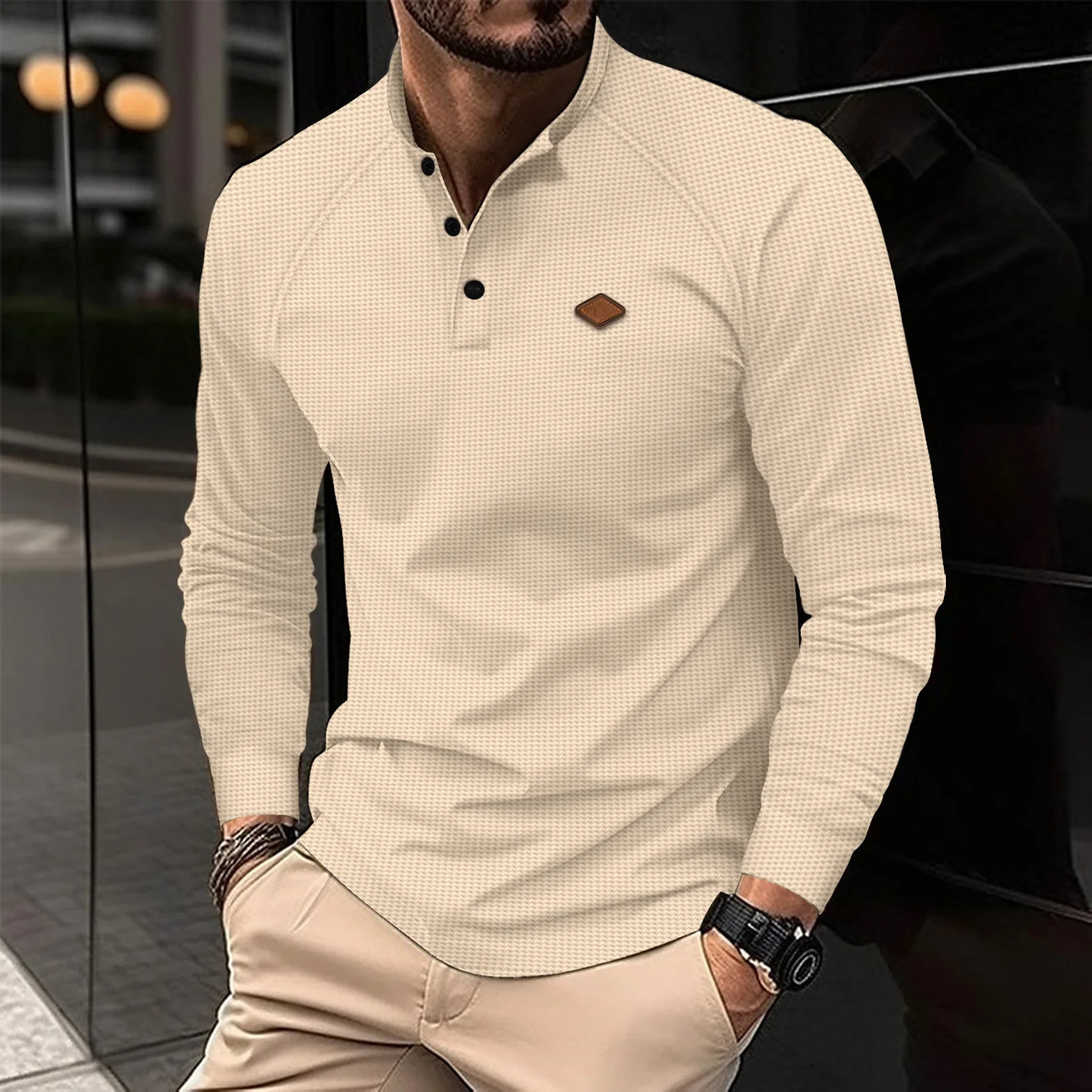 -Selling Vintage Waffle Mens Henry Shirt Breathable Casual Business Mens button-down Round Neck Long Sleeves 250319
