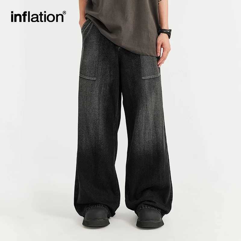 Inflatable mens loose jeans 2024 fashionable street wide leg denim TrouserT250319