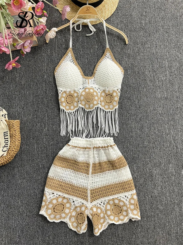 SINGREENY Summer Sexy Beach Set Fashion Strap Tassel Tank TopElastic Wide Leg Shorts Hollow Casual Two Piece Set 250318