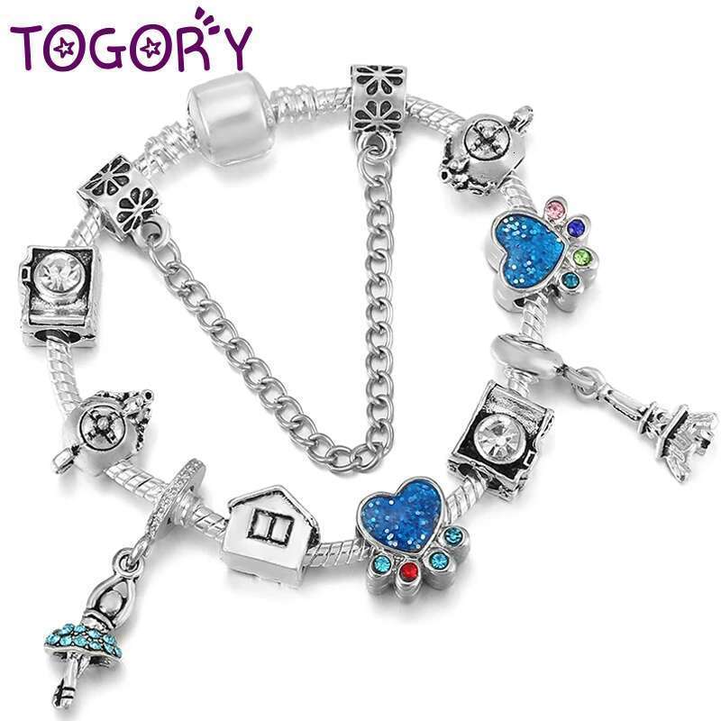 Cartoon Style Princess Tower Pendant Charm Bracelets For Women Child With Silver Plated Camera House Beads Bracelet Jewelry Gift