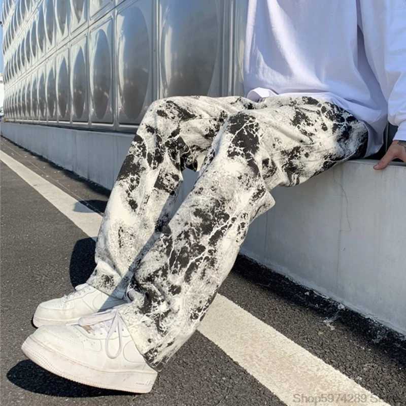Mens jeans tie dye unisex printed jeans spring mop Trousers Korean high street loose hip-hop straight pantsT250319