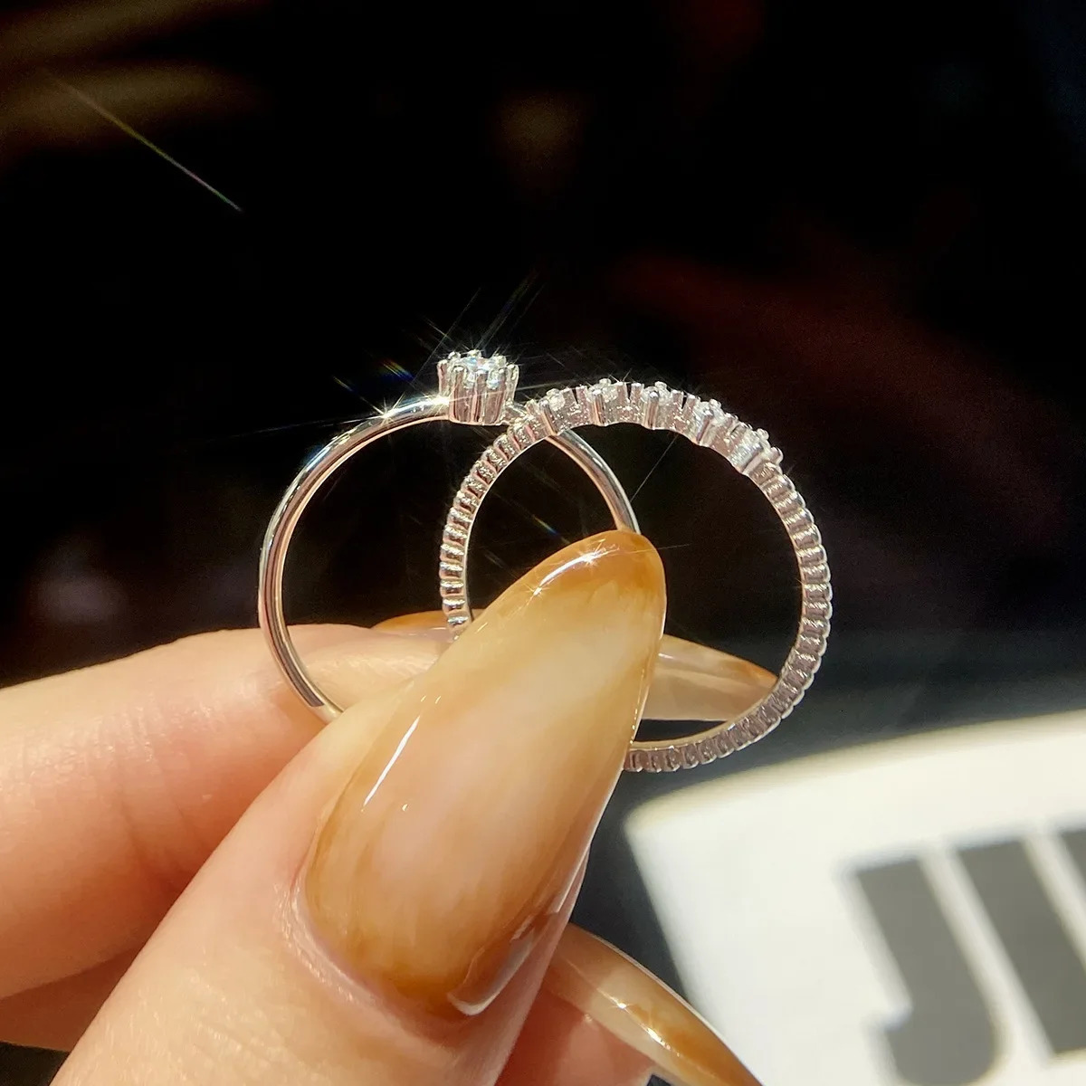 FEOBUR 3mm Moissanite Diamond Ring Set for Women 925 Sterling Silver Plated Platinum Brilliant Stacking Rings Jewelry Girl Gift