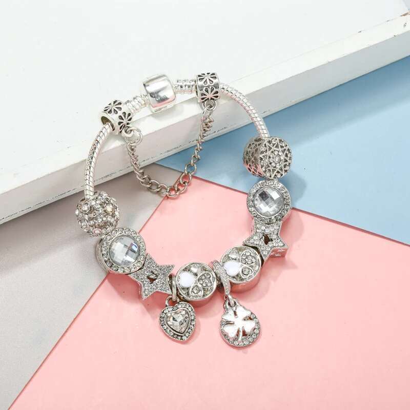 Vintage Silver Crystal Lucky Grass Star Beads Pendant DIY Snake Chain Charm Bracelet For Women Lover Party High Quality Jewelry