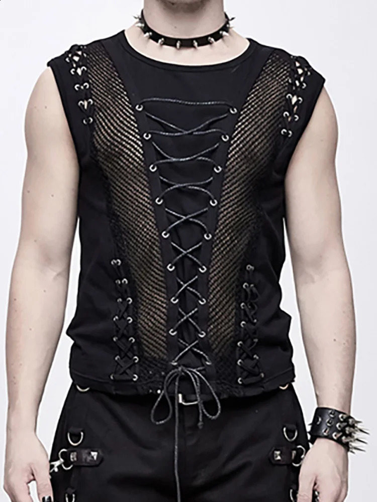 Summer Fashion Rock Punk Sleeveless T-shirt Hollow Belt Mens Tank Top Sexy Performance Transparent Tank Top 250318