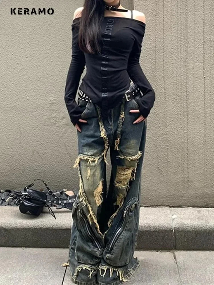 Winter Punk Sexy Retro Tear Harajuku Loose Jeans Y2K Hollow Garbage Pants Womens BaggyTassels Cowboy Trouser 250314
