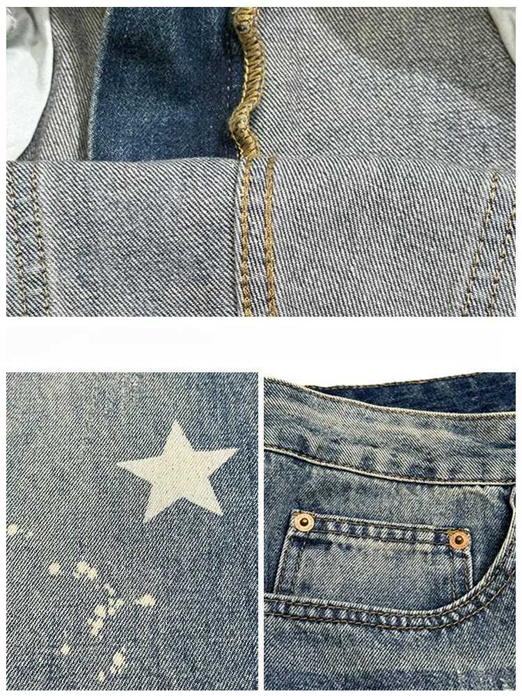 American streetwear splatter ink five dot star print mens jeans retro casual denim skateboarding pants hip-hop mens TrousersT250319
