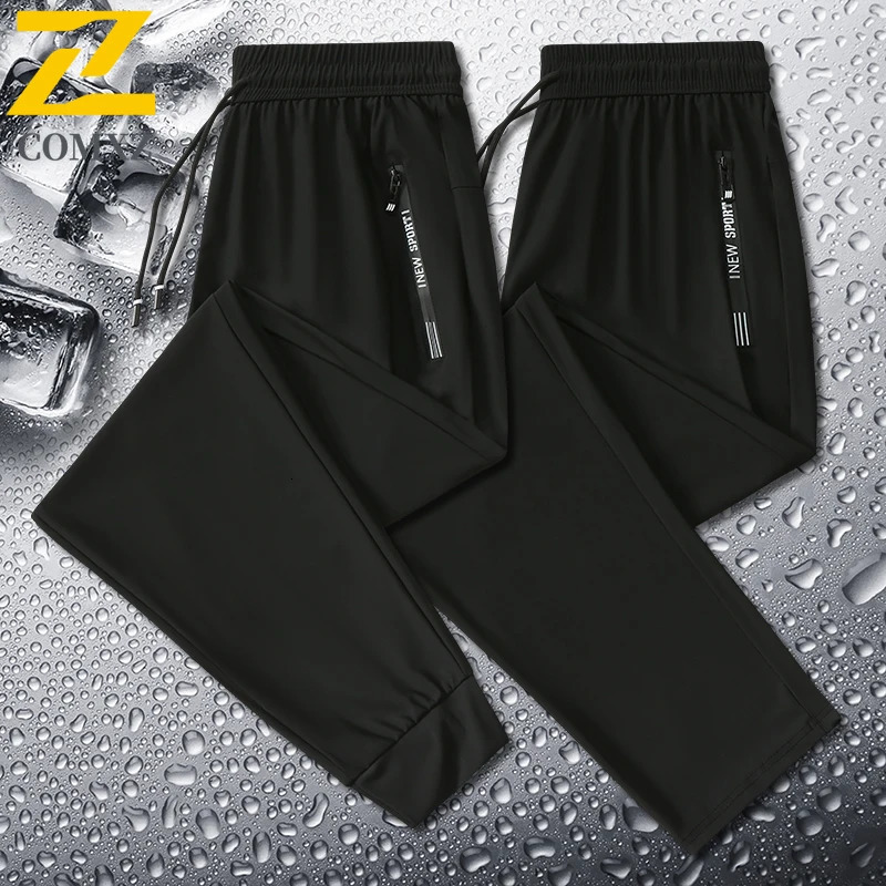 Summer mens thin silk casual pants loose fit plus size quick drying elastic runners 94 long tapered ankle sports 250320