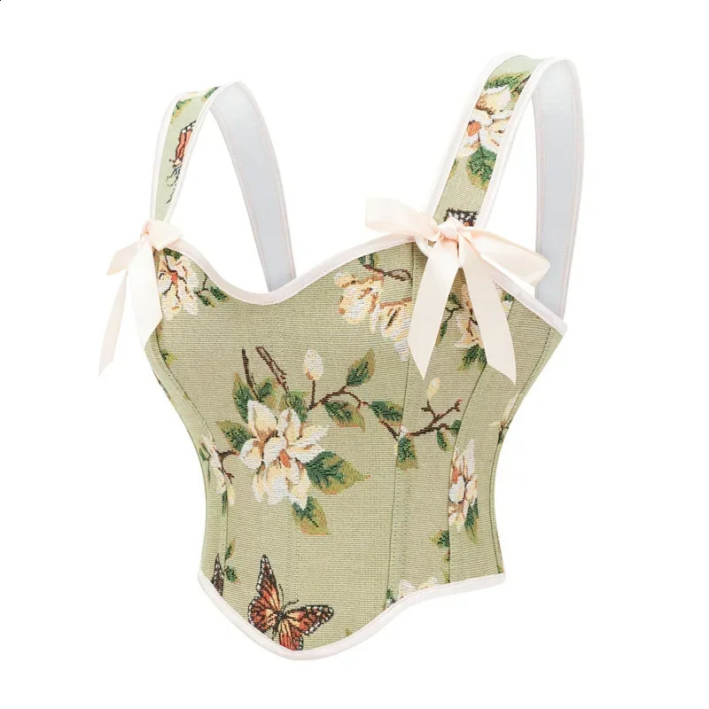 Vintage Women Bustier Vest Corset Sexy Lace-Up Floral Print Crop Top Fashion Backless Lingerie Camisole Corselet Plus Size 250319