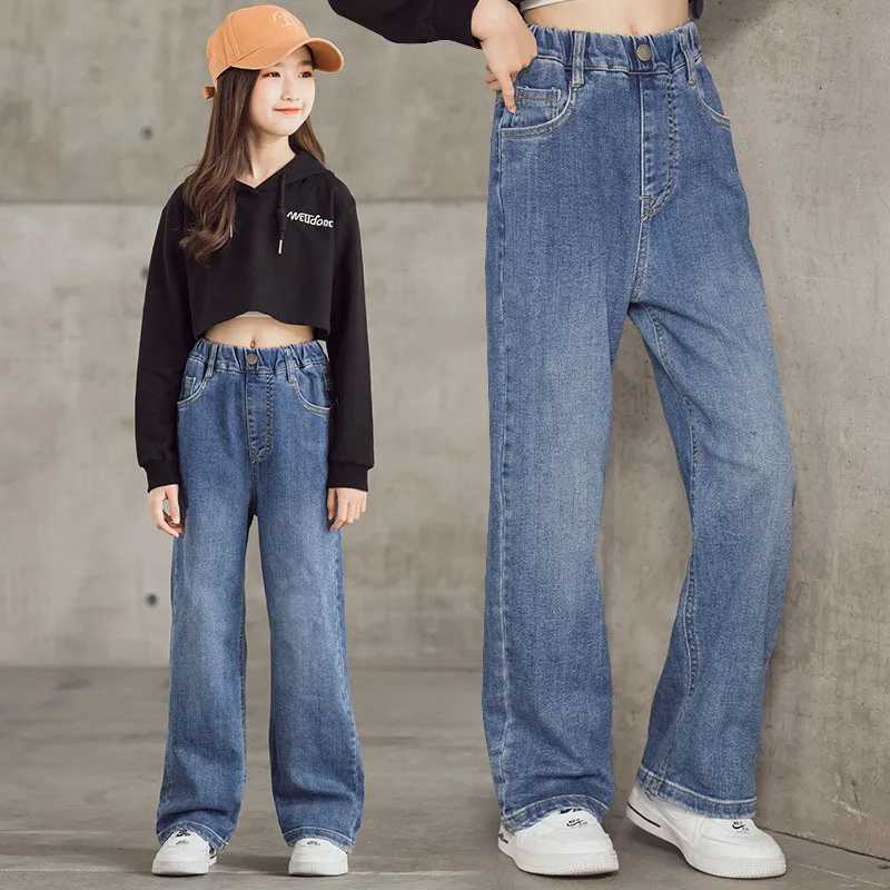 Spring Kids Jeans 3-9Y Cute Girls Solid Color Loose Wide Leg Pants Children Outwear Denim TrousersT250326