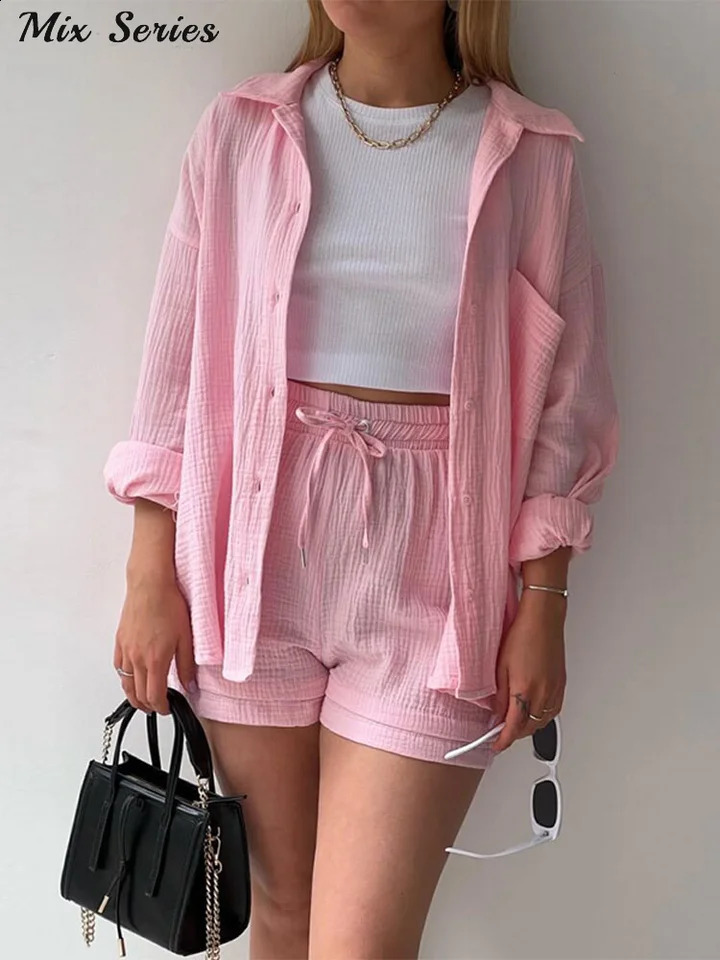 Solid pleated collar top shorts set for women oversized single chest full sleeved shirt lace pants spring womens clothing 250318