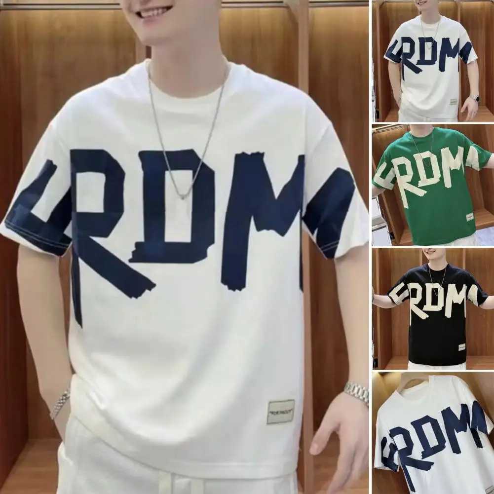 Mens letter printed T-shirt mens summer letter printed T-shirt round neck with floral pattern suitable for teenagers to wear loose short sleeved shirt
