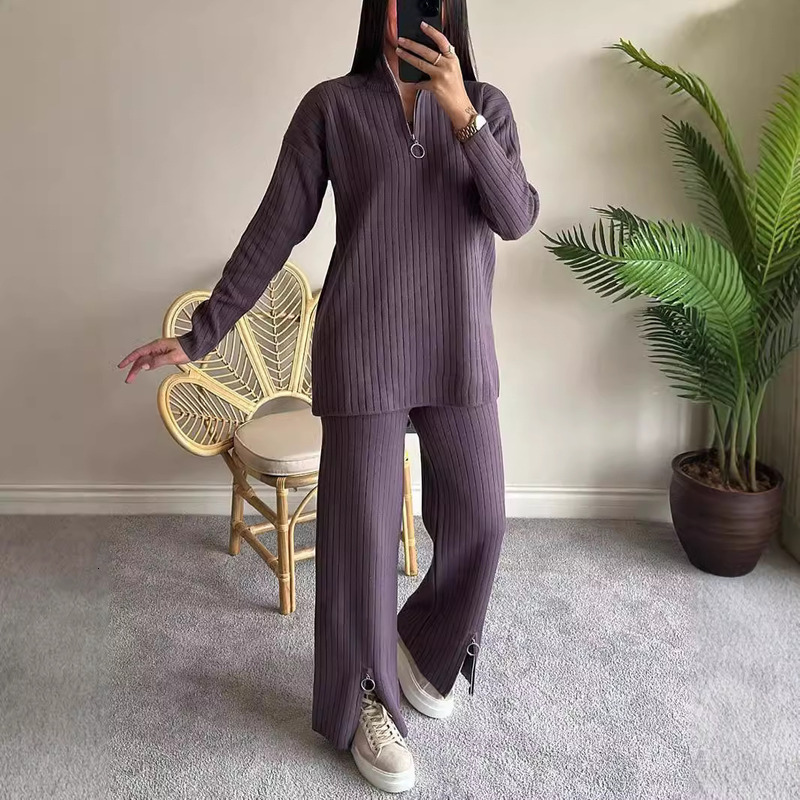 2025 Spring New Women's Solid Color Zipper Knitted High Collar Pit Strip Home Clothes Two Piece Set