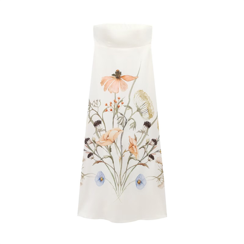 2025 Spring/Summer New Women's Fashion strapless straight neck sleeveless printed strap dress with backless embellishment