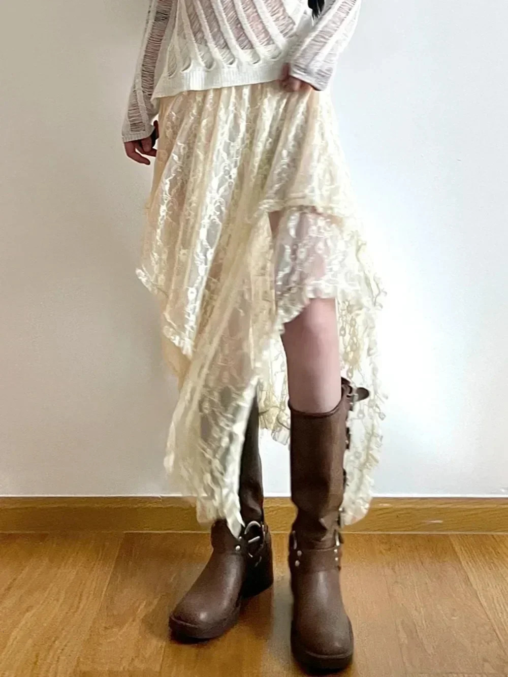 Lace Asymmetrical Skirt Women Vintage Y2K Boho Aesthetic Fashion High Waist Mid Skirts Summer Ladies Holiday Outfits All-match 250320