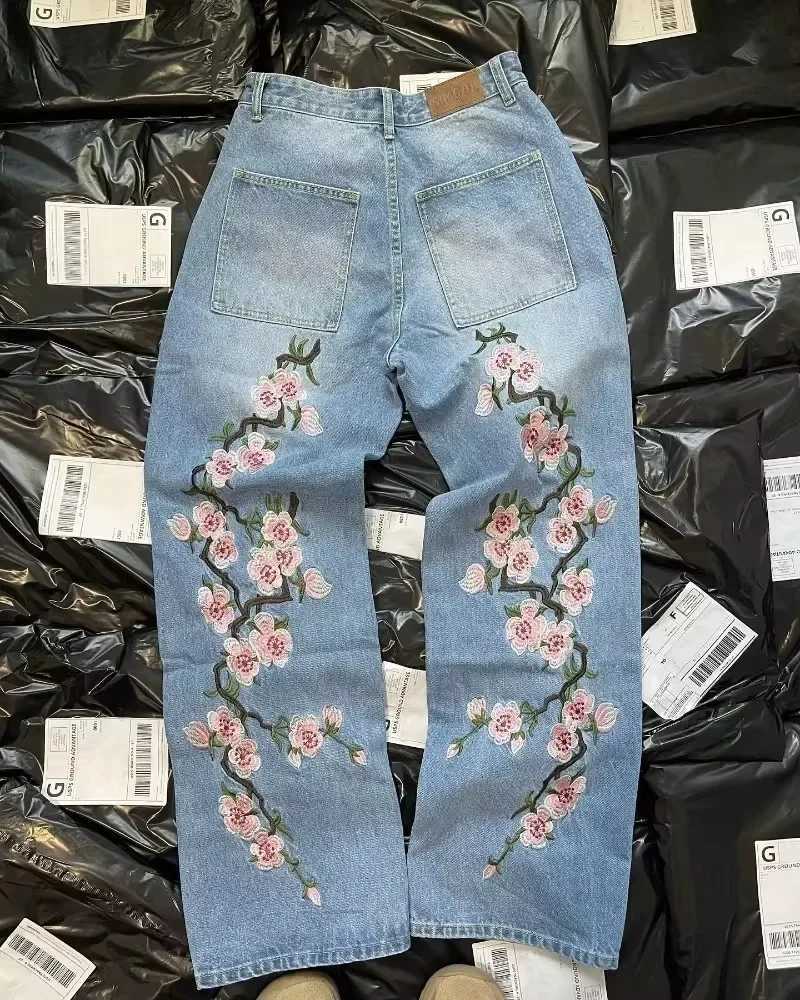 Y2K bagged jeans Harajuku retro cherry blossom embroidered high-quality street jeans hip-hop gothic mens wide leg jeansT250319