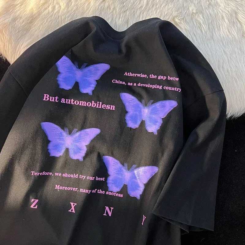 Oversized Womens T-shirt Aesthetic Purple Butterfly Letter Printed Graphic T-shirt Y2k Fashion Short Sleeve HarajukuT250320