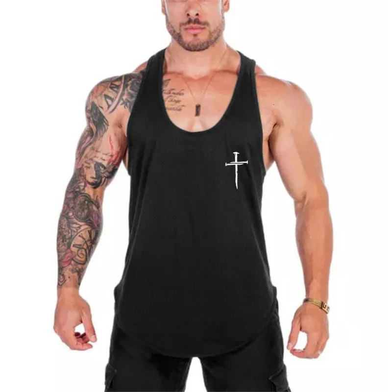 Personalized Cross Print Bodybuilding Clothing Gym Fitness Mesh Breathable Quick Dry Tank Tops Mens Sport Muscle Y-back T-shirt 250320