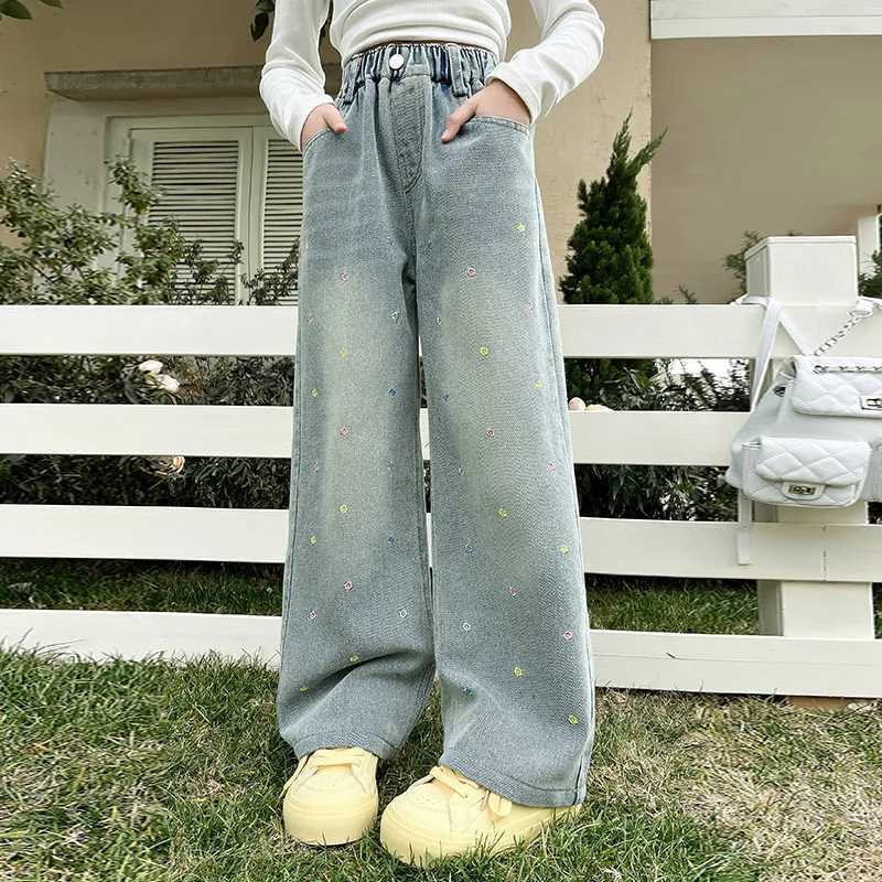 Teenage girls wide leg jeans Spring and Autumn fashion childrens casual embryo denim pants School young children straight bag TrousersT2502320