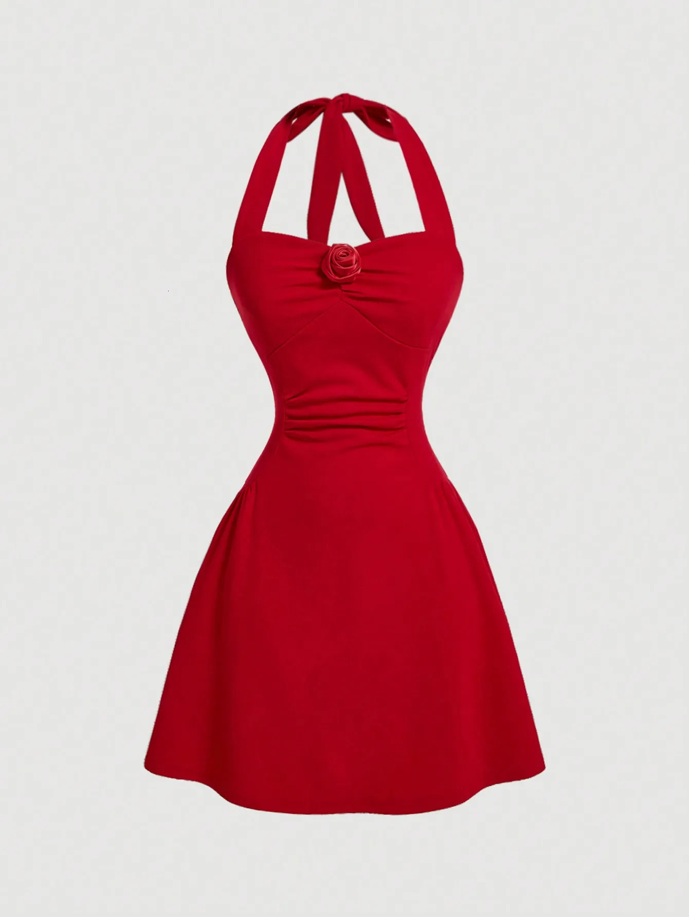 Red Bow Halter Dress Female Autumn Spice Girl Pleated Fashion Waist Show Thin Short Skirt Trend 250320
